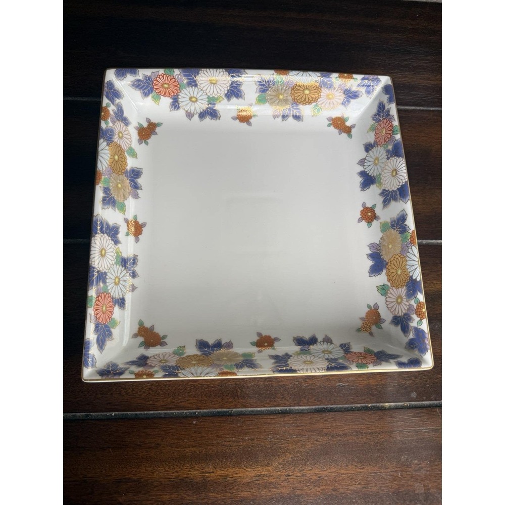 VTG Japanese Imari Style Square Porcelain Plate Floral Chrysanthemum Gold Rim